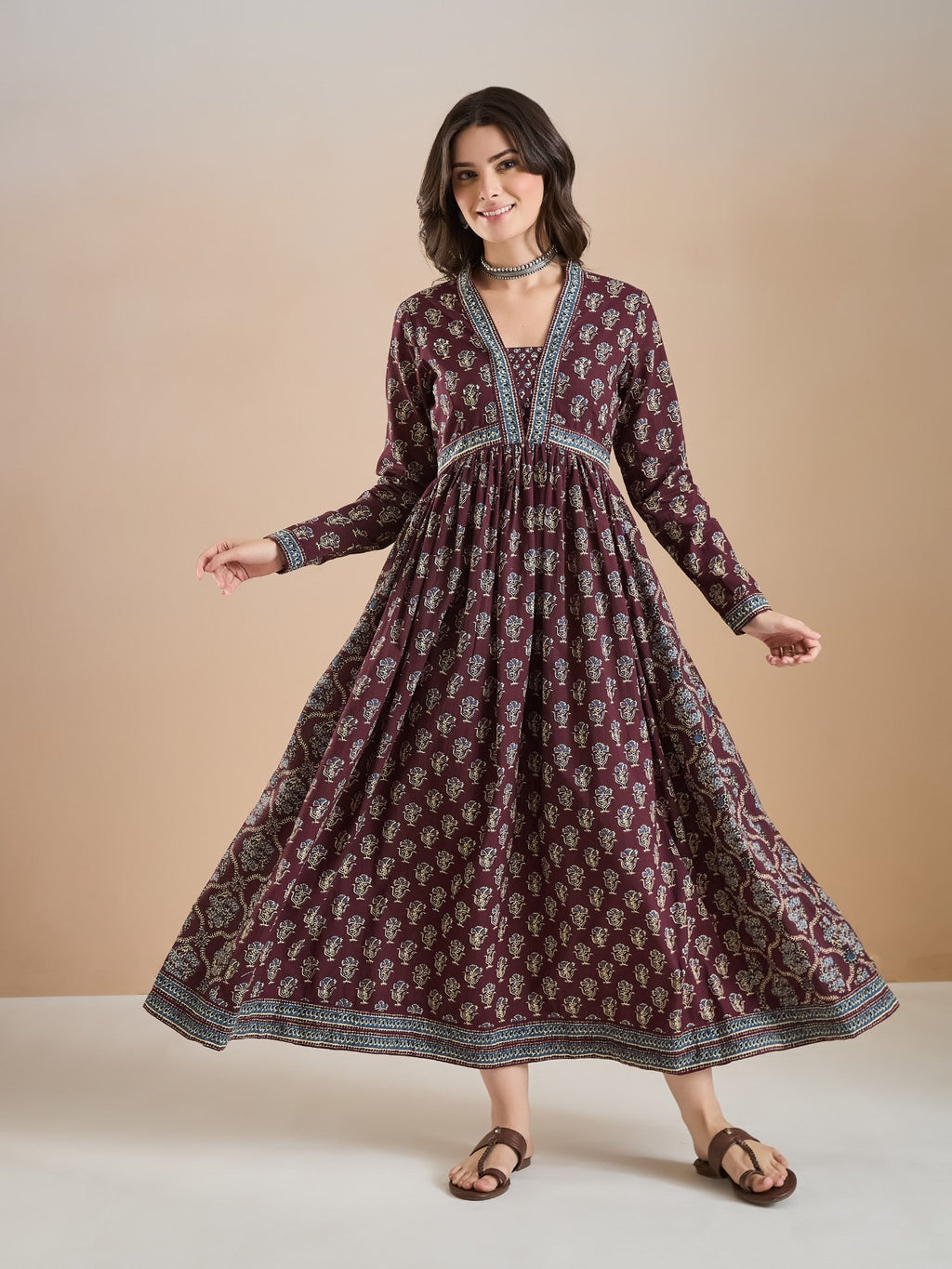 Wine Color Block Print Kurta