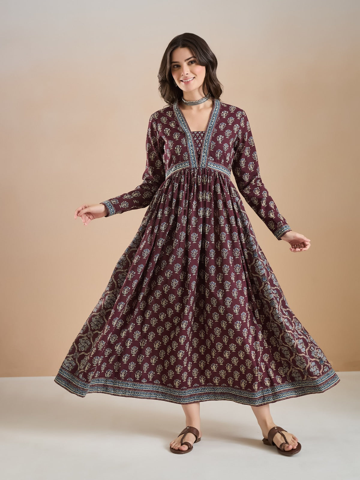 Wine Color Block Print Kurta