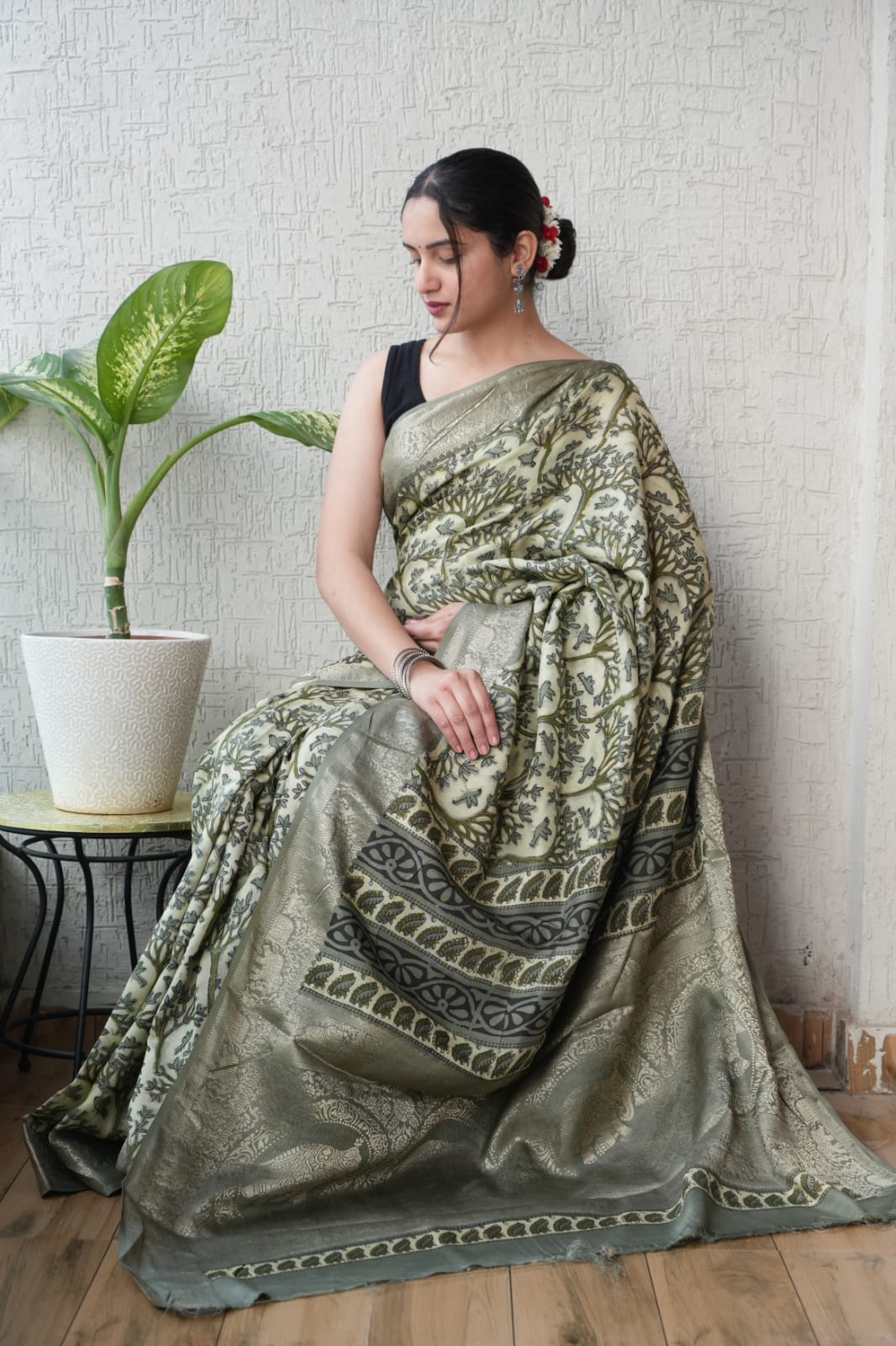 Pure Dola Silk Ajrakh Hand Block Printed Saree with Elegant Printed Blouse