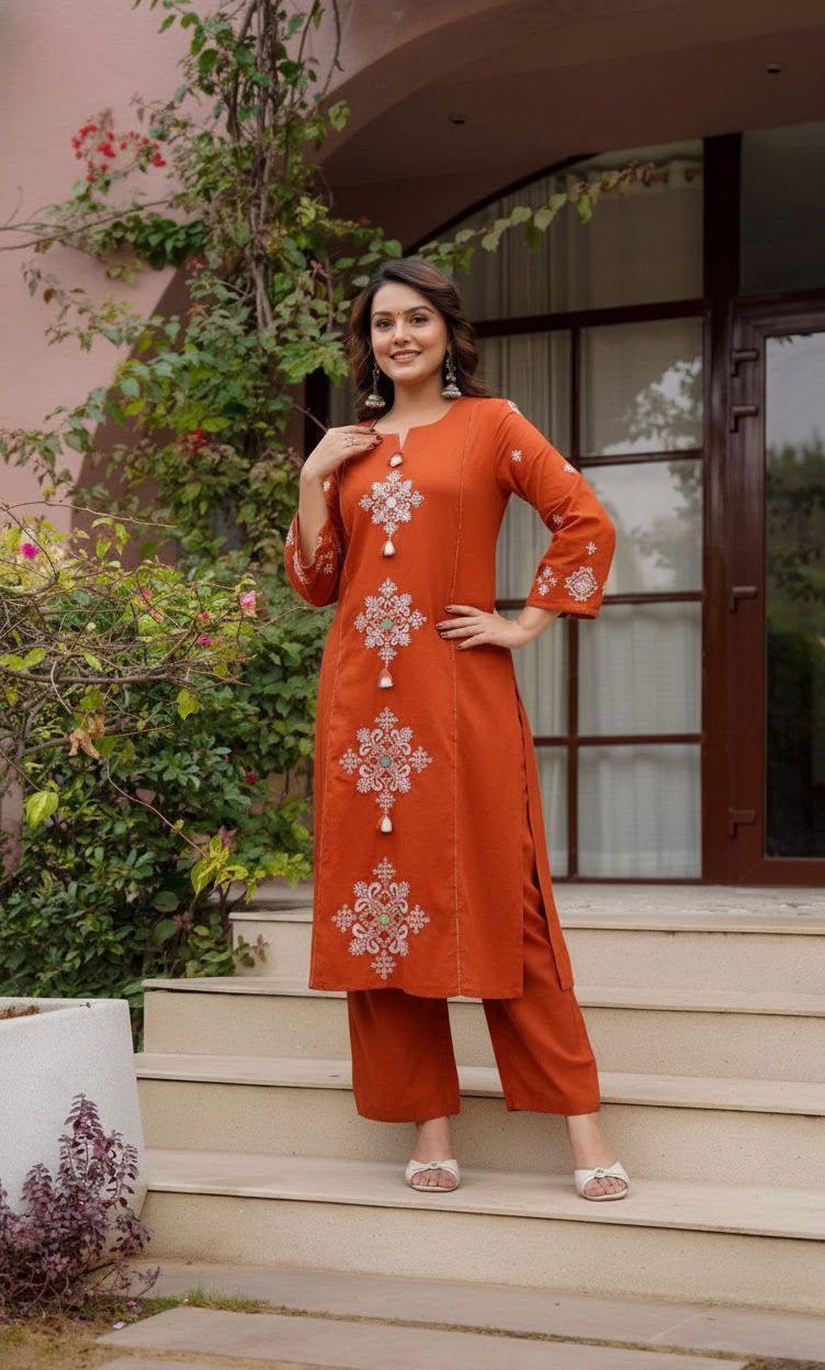 Elevate Your Ethnic Grace: Luxurious Taj Cotton Heavy Embroidered Kurta Set with Pocket Palazzo & Dupatta