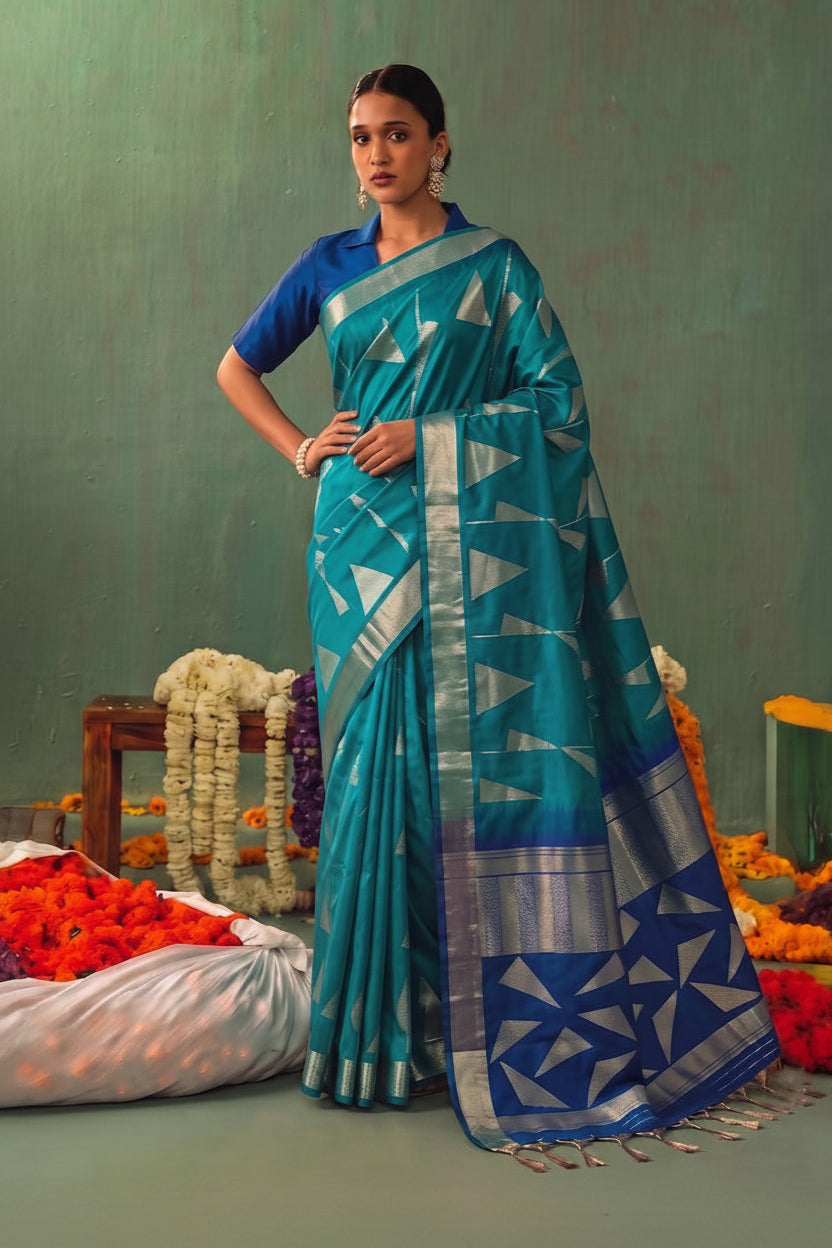 Opulent Radiance: Silk Blend Zari Saree with Contrast Border & Designer Pallu