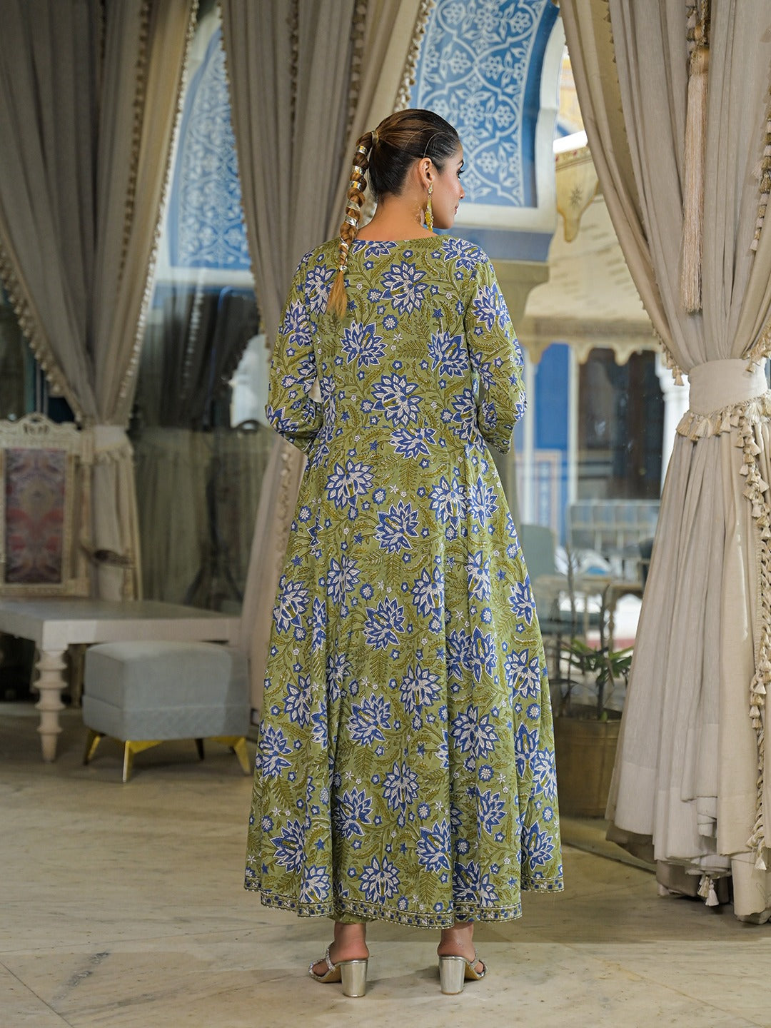 Green Hand Block Anarkali Kurta Pant With Dupatta & Jacket