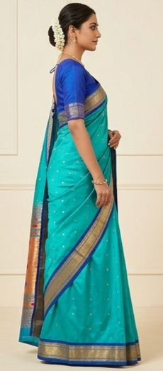 Pure Silk Handloom Paithani Saree in Turquoise with Fancy Peacock Pallu