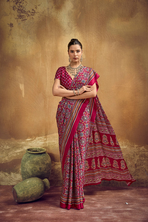 Ajrakh Printed Modal Satin Sarees with Matching Blouse