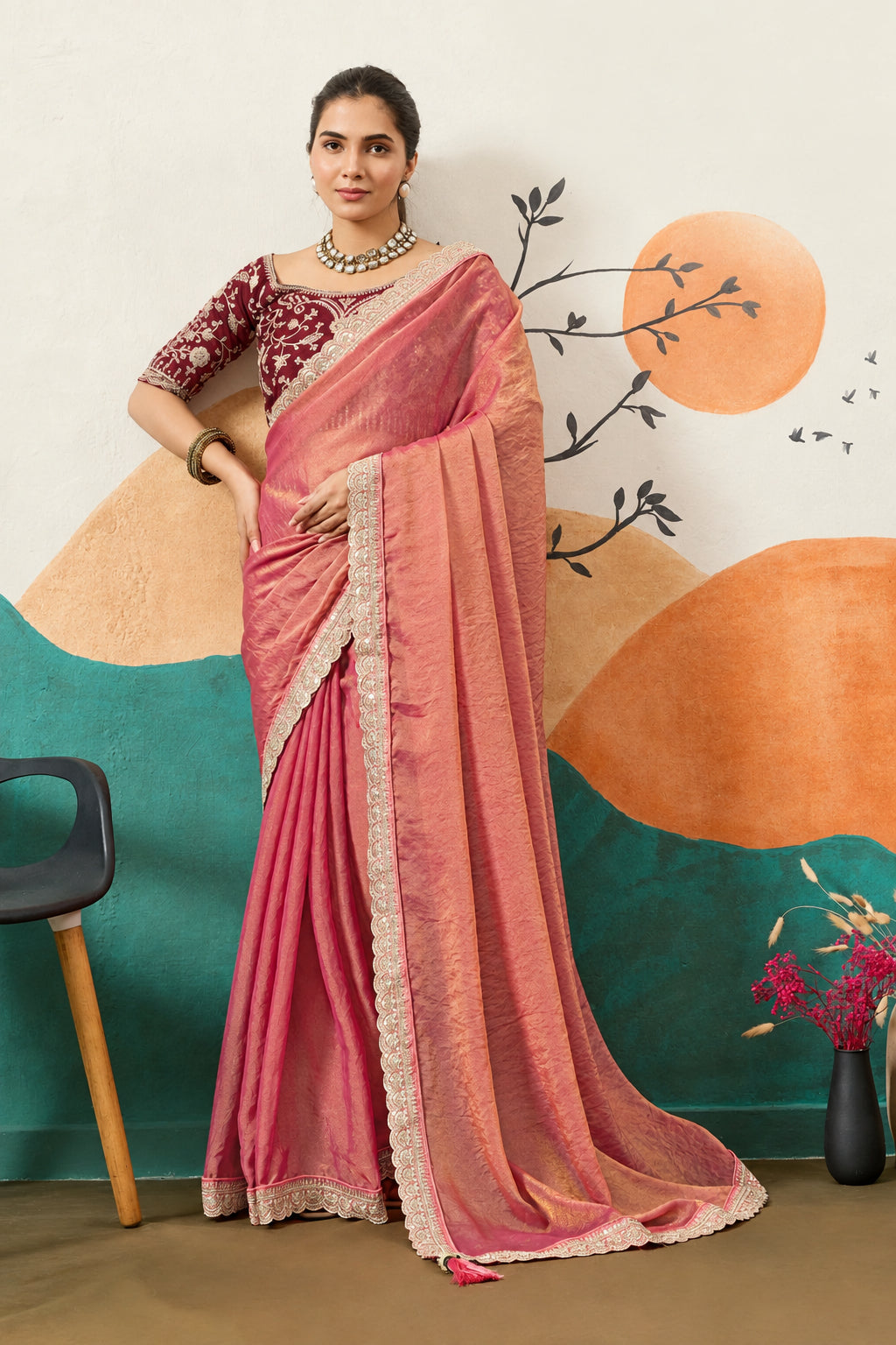 Designer Border Moss Saree & Sequined Silk Blouse
