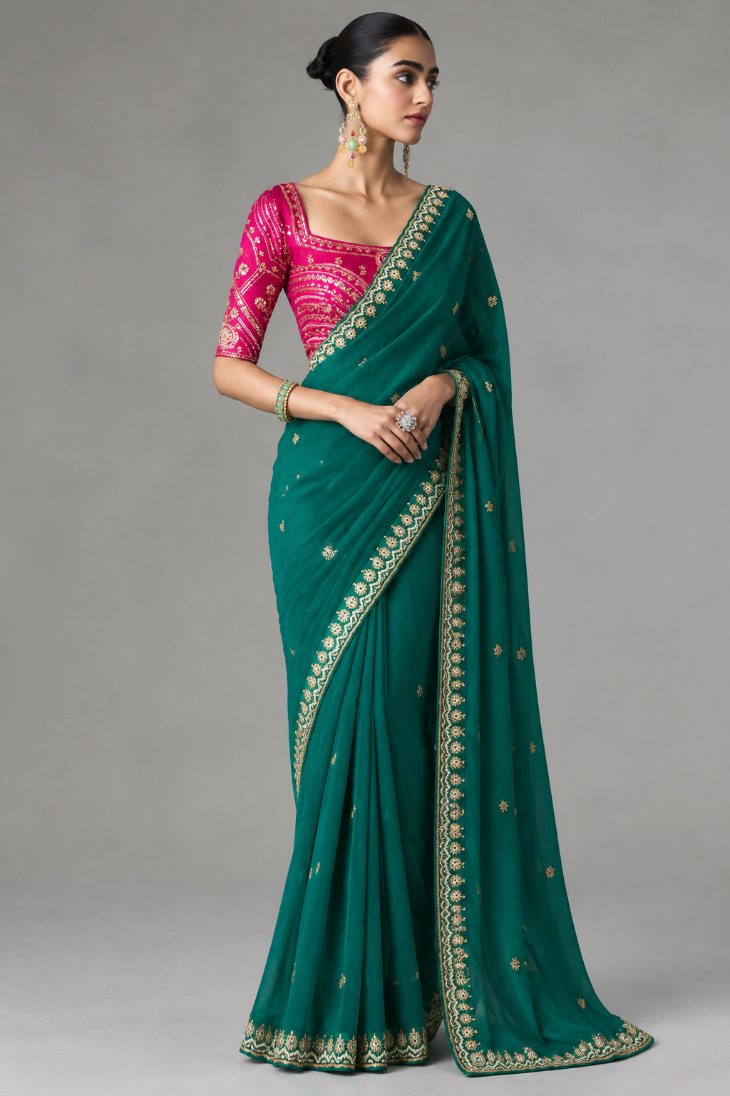 Embellished Sheer Silk Saree with Heavy Contrast Work Blouse