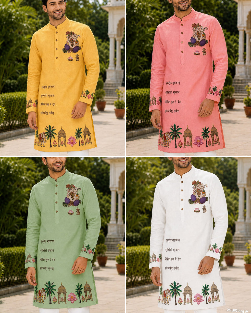 Men's ethnic kurta set featuring Lord Ganesha embroidery in yellow, pink, green, and white.