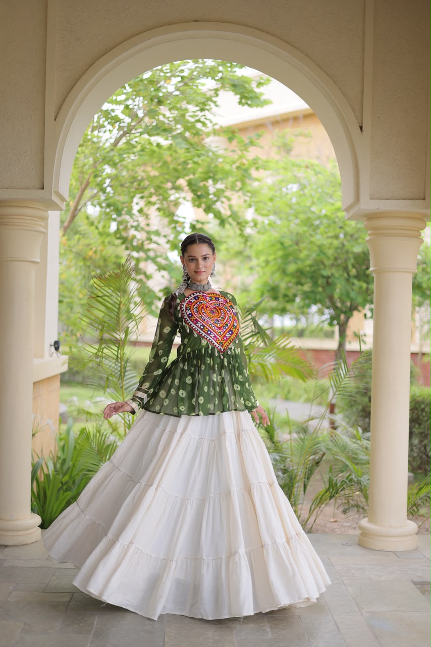 Kutchi Gamthi Patchwork Bandhani Top with Tiered Kora Cotton Lehenga