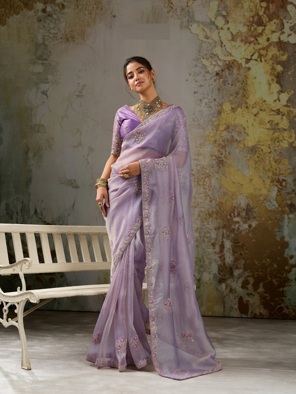 Metallic Tissue Saree with Pita Zari & Antique Sleeve-Embroidered Satin Blouse