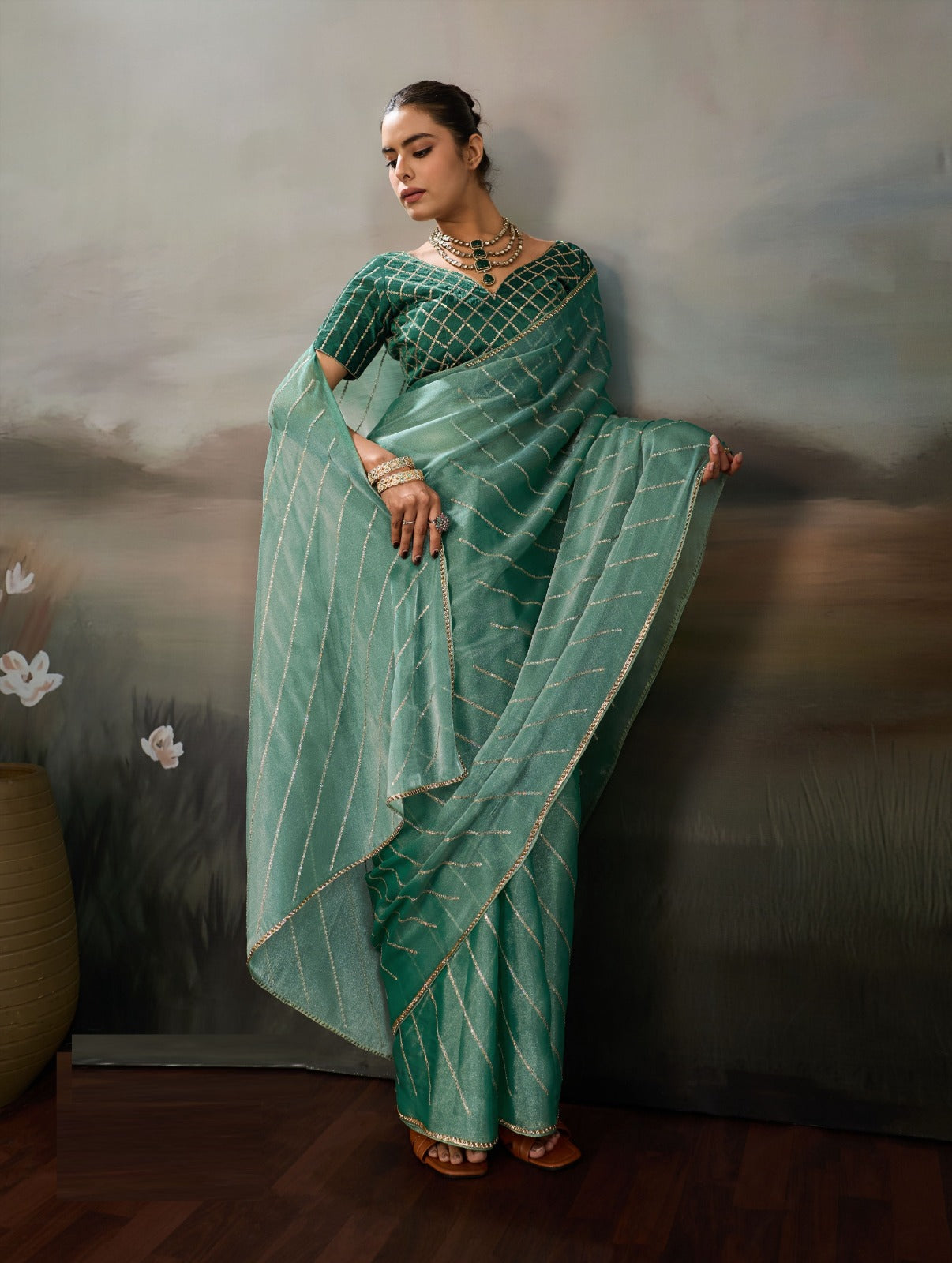 Grainy Moss Chiffon Saree with Cutdana Border & Heavy Embroidered Blouse
