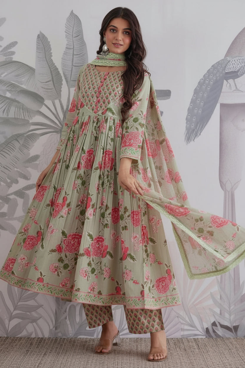 Pure Jaipuri Cotton Floral Anarkali 3-Piece Set with Handwork Yoke & Lace Dupatta