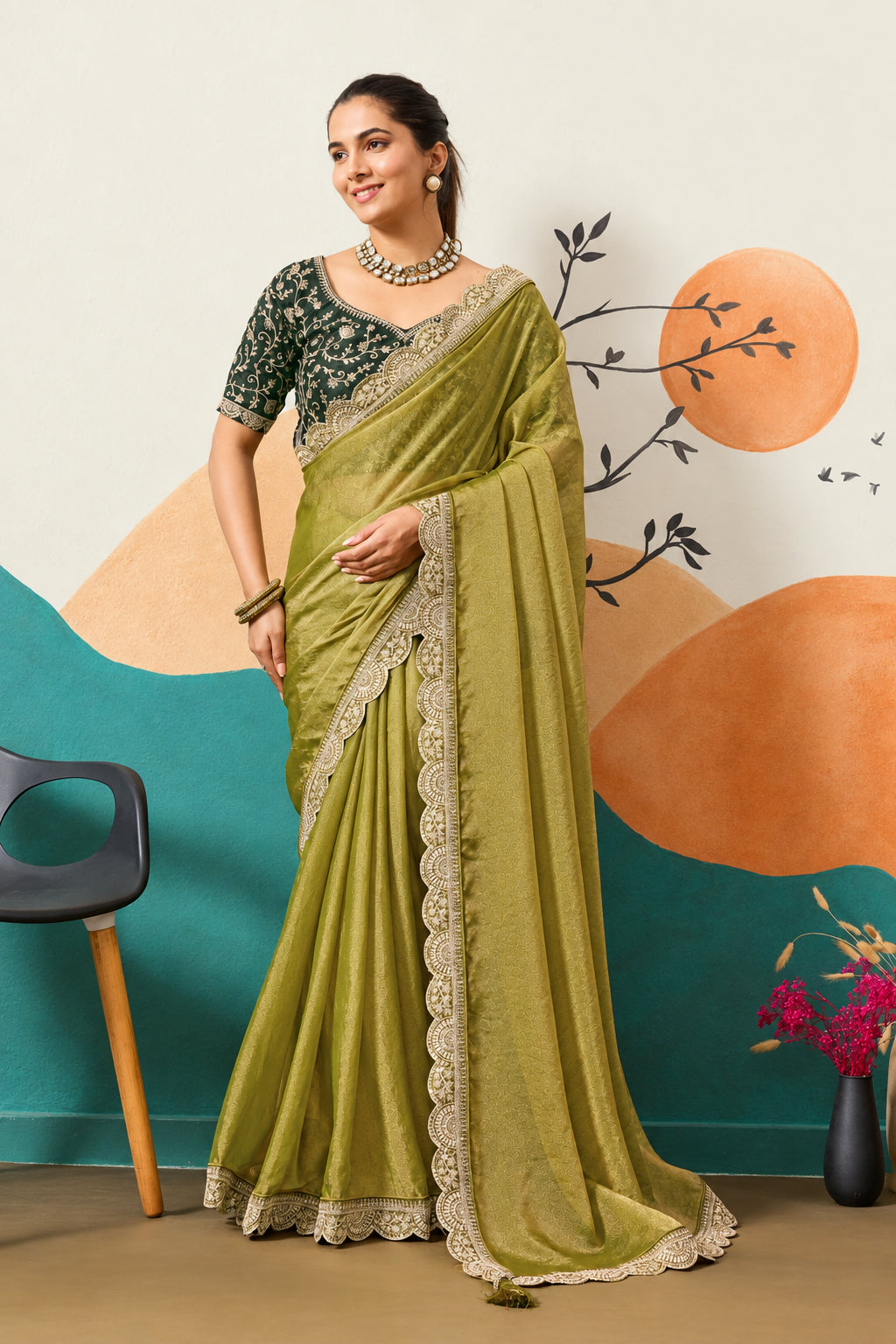 Designer Border Moss Saree & Sequined Silk Blouse