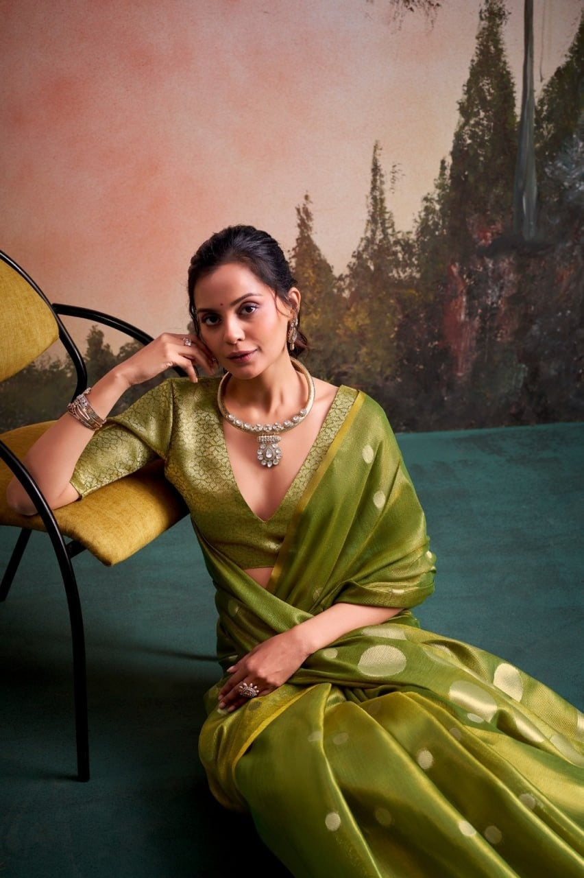 Luminous Tissue Silk with Gold Zari Motifs