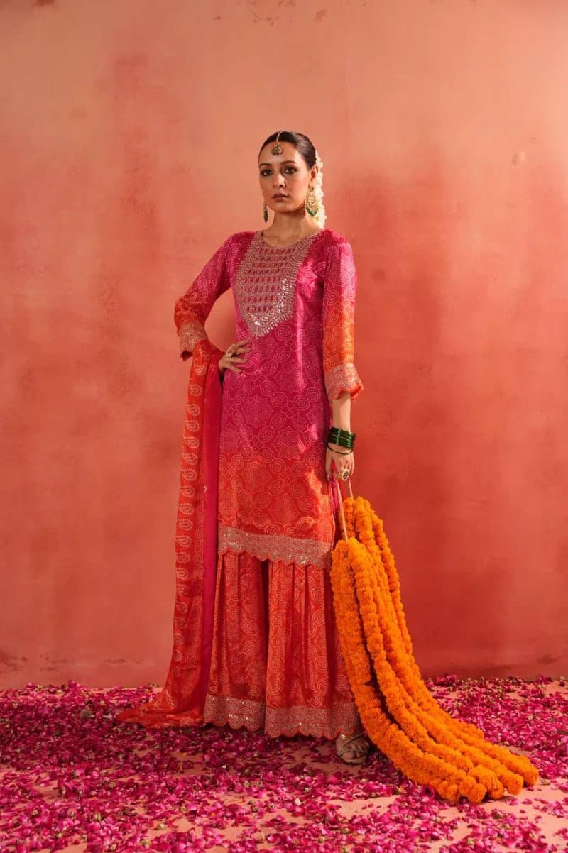Festive Chinon Silk Bandhej Print Sharara Set | Heavy Sequence Embroidery
