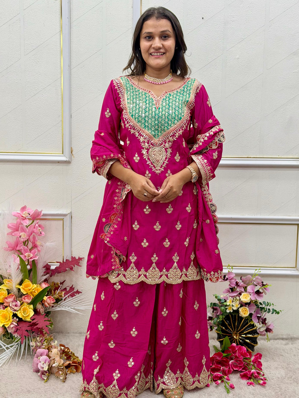 Gleam in Opulence: Fully Stitched Chinon Silk Sharara Suit Set with Emerald Yoke & Mirror Diamond Handwork