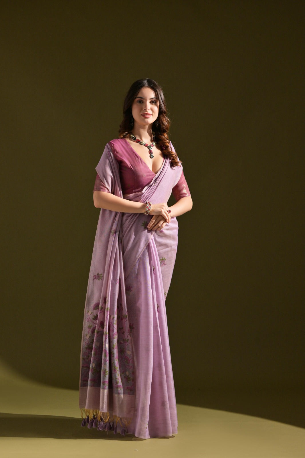 Designer Muga Cotton Saree – Intricate Resham Weave & Pichwai Inspired Motif