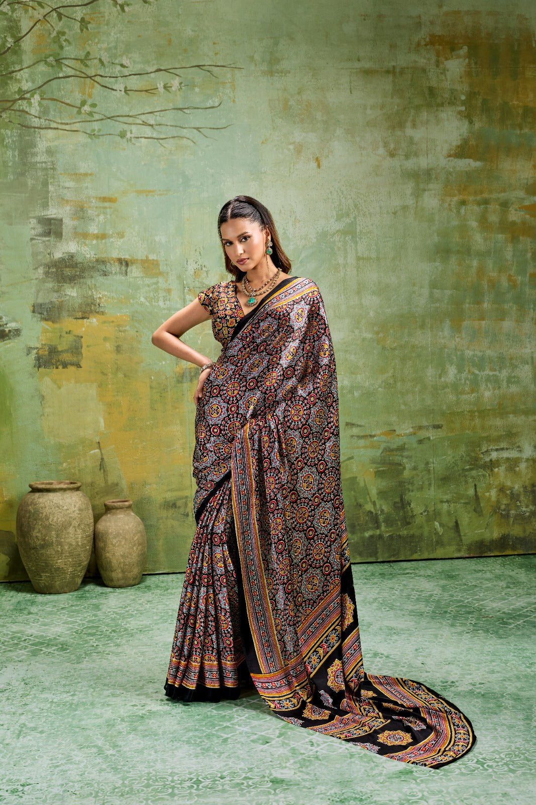 Premium Modal Satin Ajrakh Printed Saree with Matching Blouse