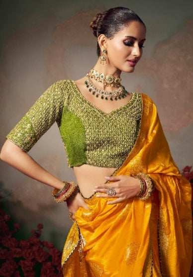 Chiniya Silk Saree with Designer Lace Border & Heavy Embroidered Silk Blouse
