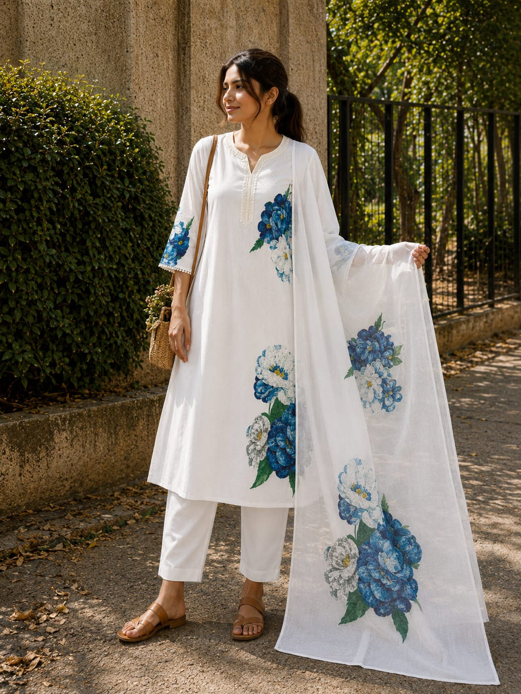 Off-White Lilan Cotton Suit Set | Multi-Color Printed 3-Piece Suit