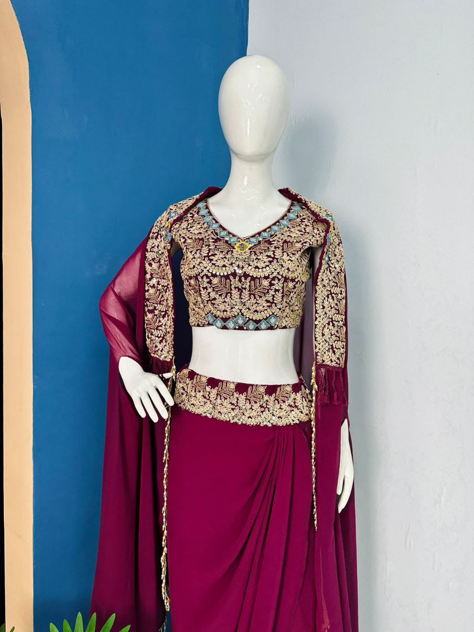 Ethereal Grace & Modern Drama: Flowy Apple Organza Sharara Set with Embroidered Blouse & Floor-Length Shrug