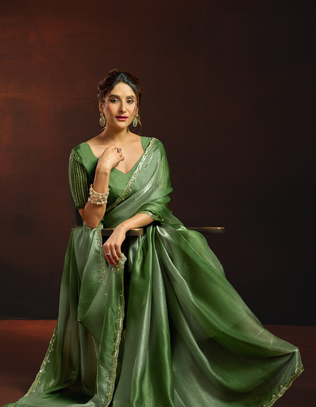Dual-Tone Digital Shaded Fandy Satin Saree with Intricate Beadwork Border