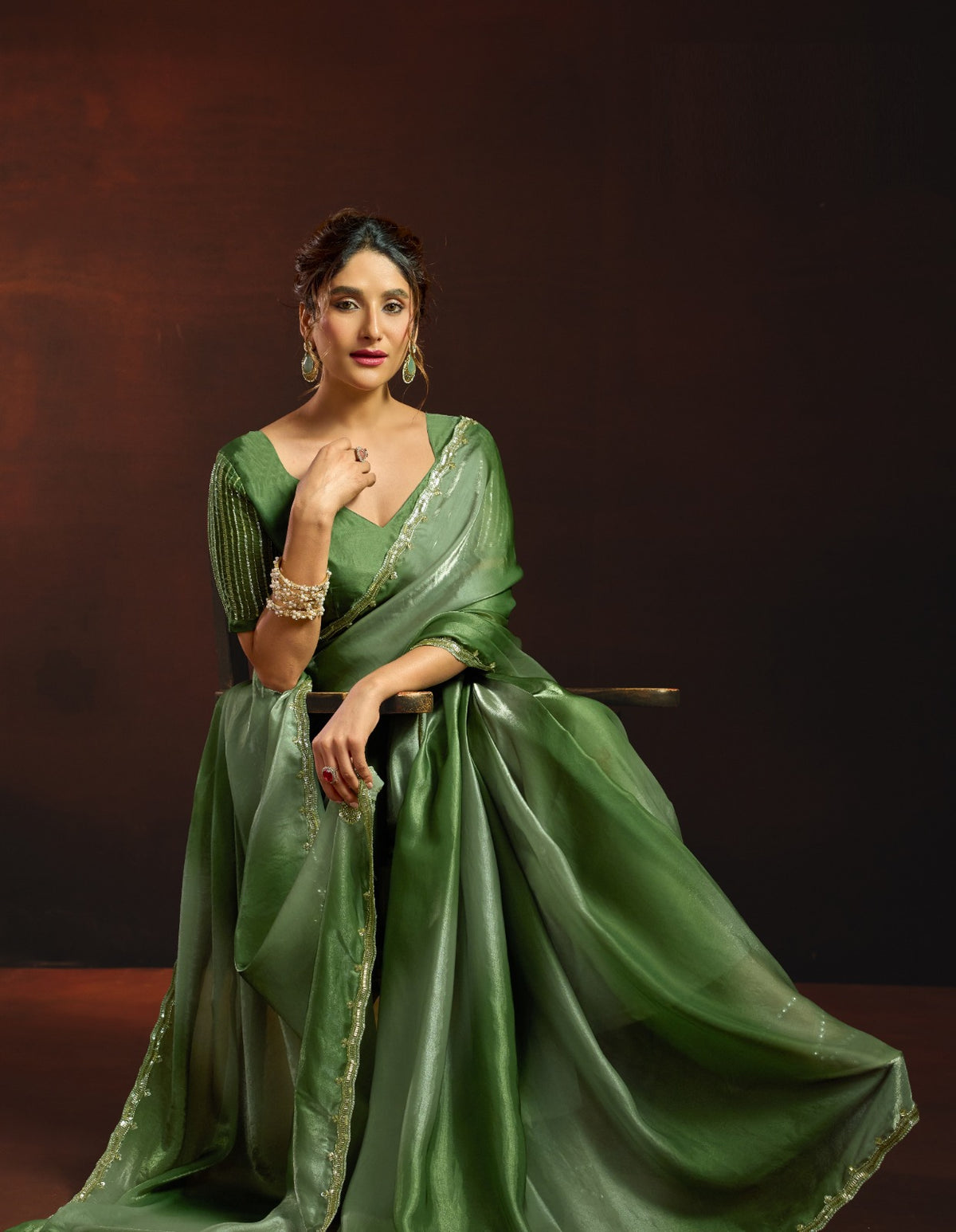 Dual-Tone Digital Shaded Fandy Satin Saree with Intricate Beadwork Border