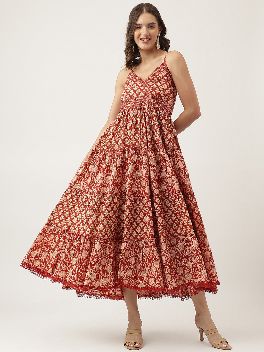 Maroon Floral Tiered Cotton Dress with Sweetheart Neck