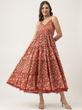 Maroon Floral Tiered Cotton Dress with Sweetheart Neck