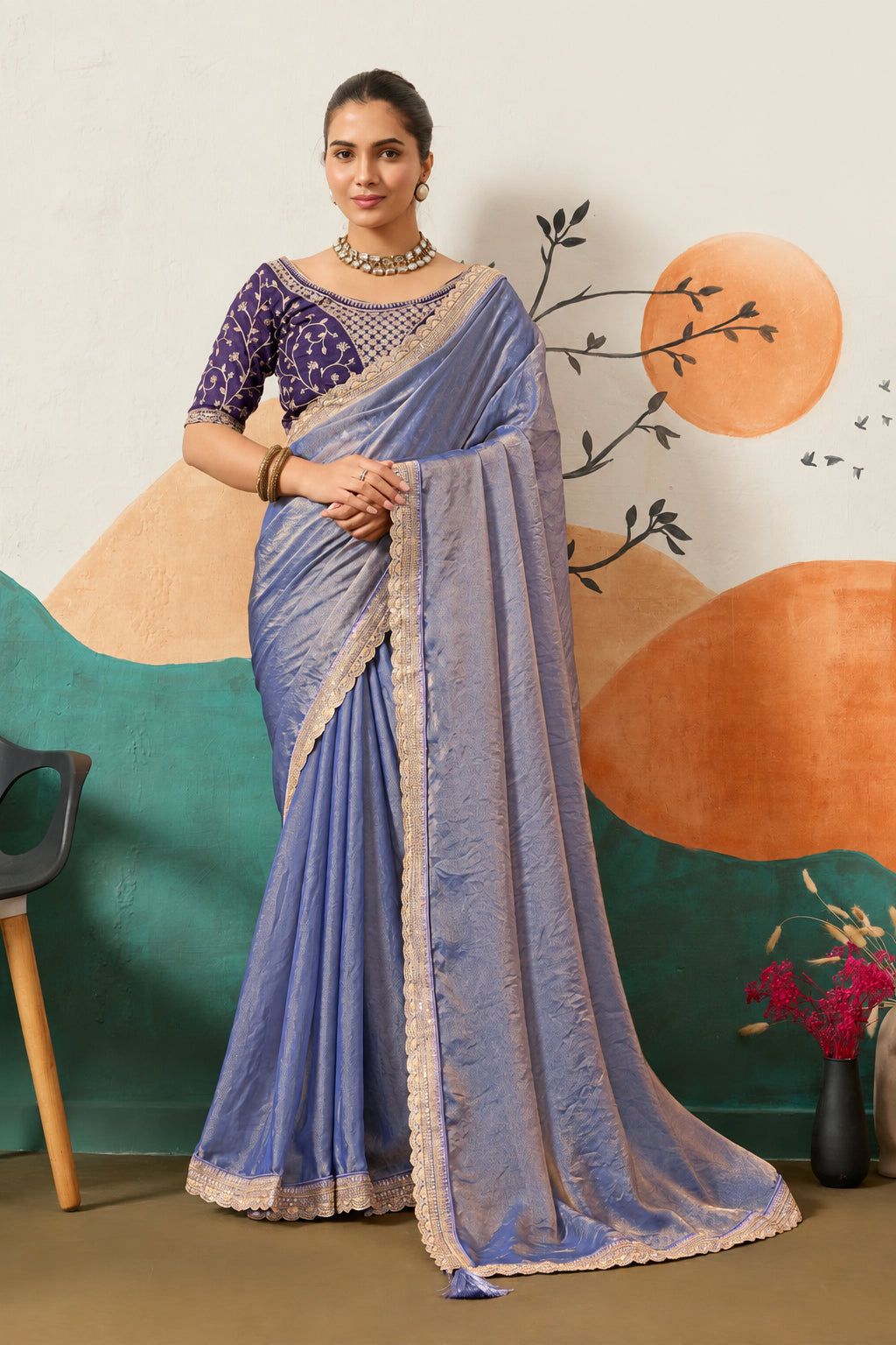 Designer Border Moss Saree & Sequined Silk Blouse