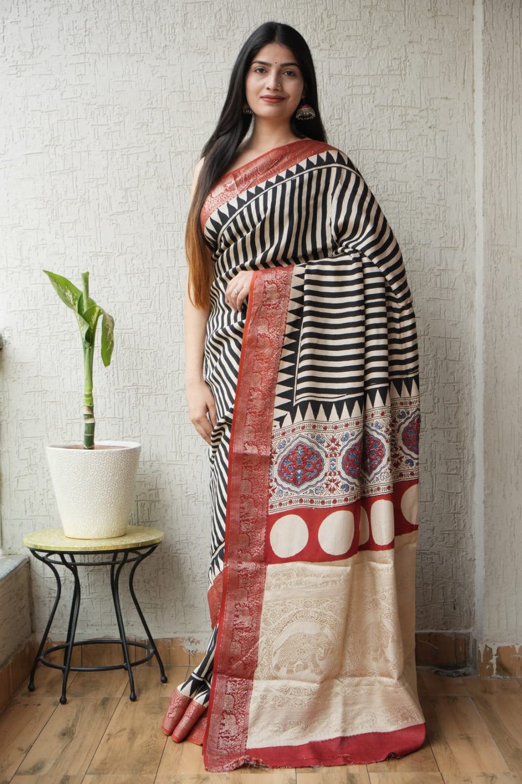 Pure Dola Silk Ajrakh Hand Block Printed Saree with Elegant Printed Blouse