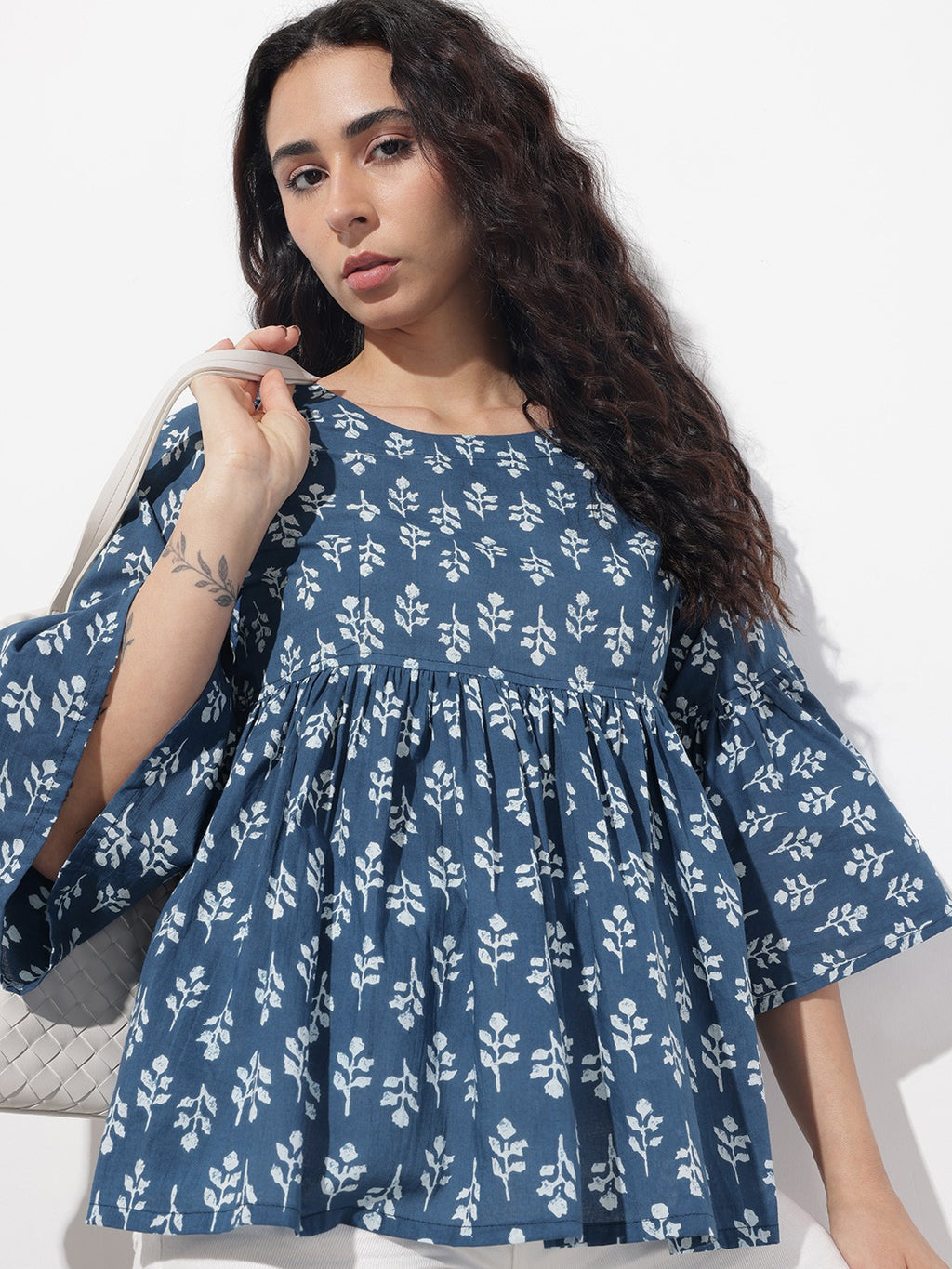 Blue Floral Round Neck Peplum Top