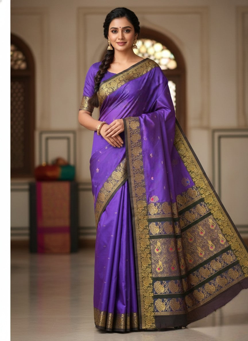 Peshwai Paithani Silk Saree with All-Over Zari Butta & Contrast Blouse