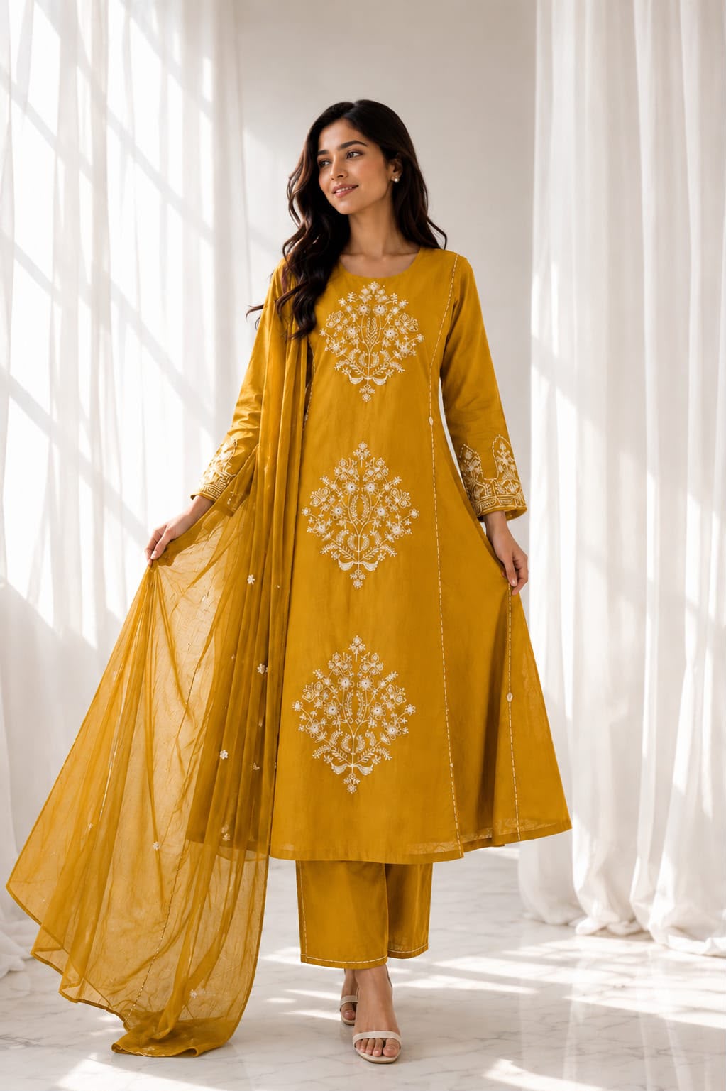 Handcrafted Pure Cotton Anarkali Suit Set with Embroidered Mulmul Dupatta