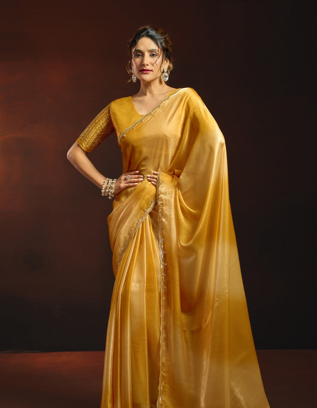 Dual-Tone Digital Shaded Fandy Satin Saree with Intricate Beadwork Border