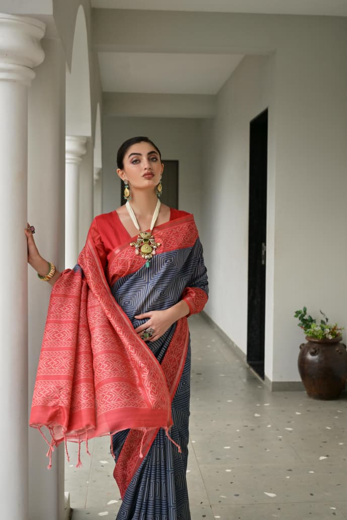Soft Desi Tussar Silk Saree with Traditional Ikkat Pallu & Tassels