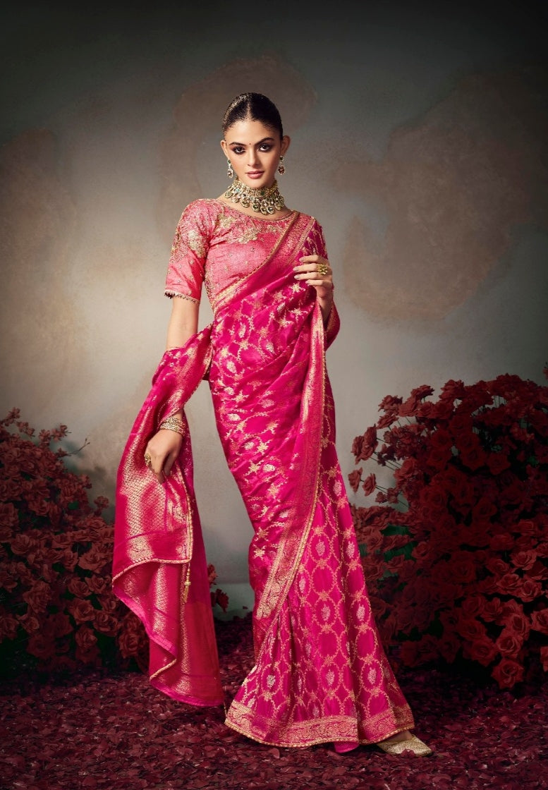 Chiniya Silk Saree with Designer Lace Border & Heavy Embroidered Silk Blouse