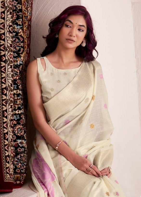 Dynamic Silk: Soft Linen Saree with Rich Jacquard Pallu & Matching Blouse Piece