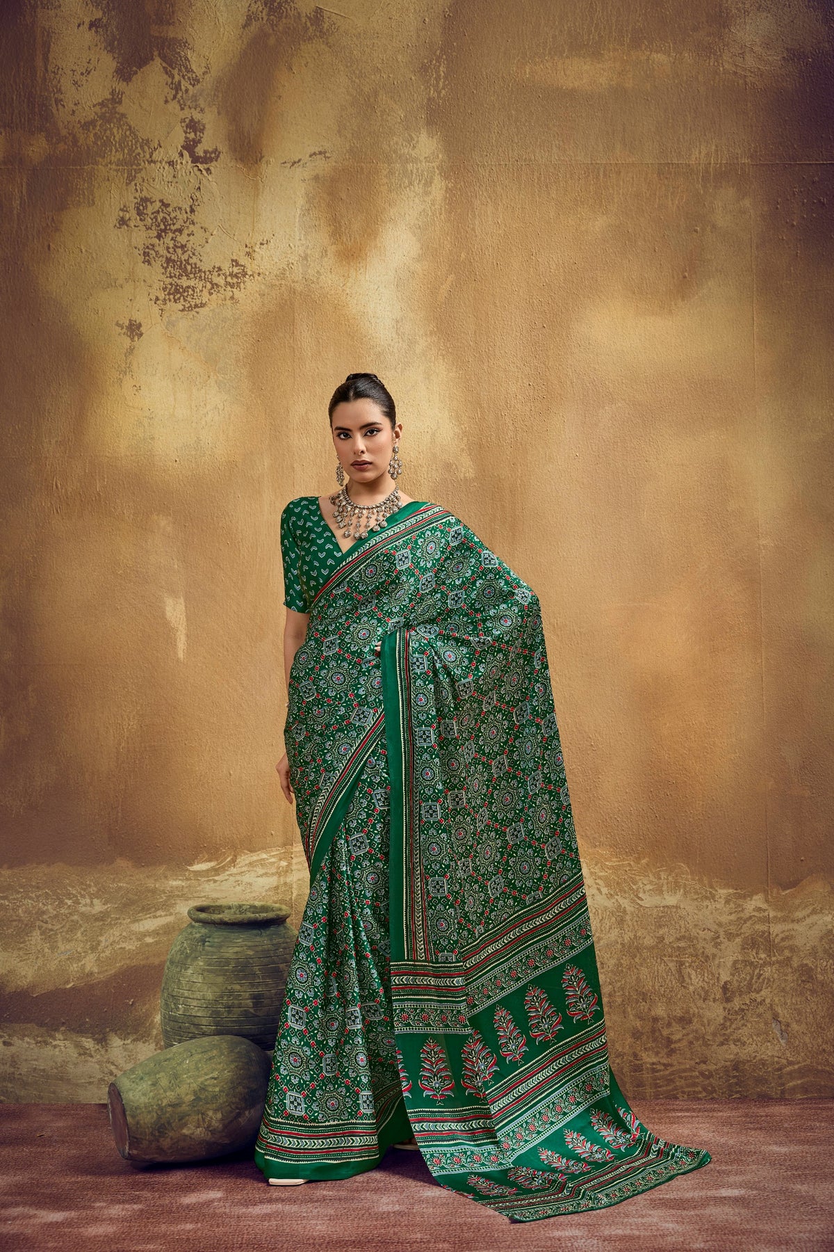 Ajrakh Printed Modal Satin Sarees with Matching Blouse
