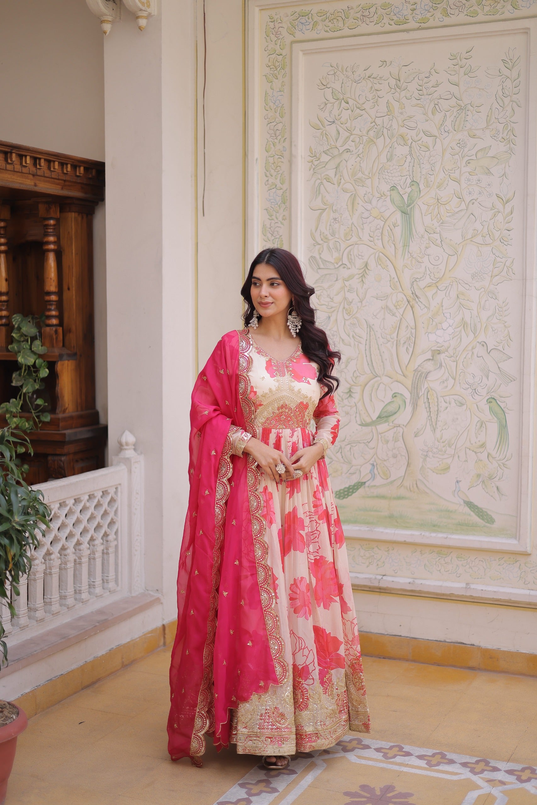 Shop Floral Russian Silk Embroidered Gown & Dupatta Set