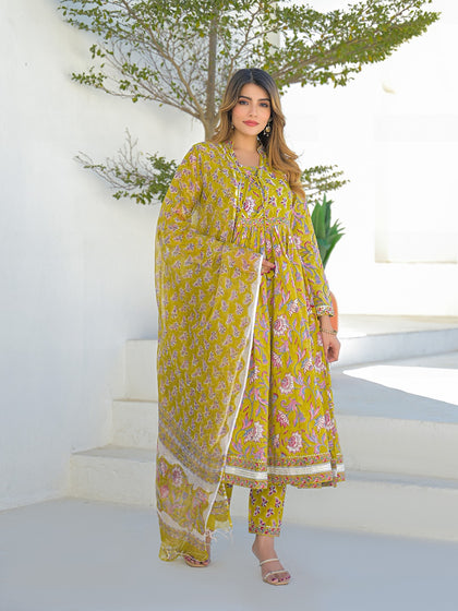Mustard Hand Block Anarkali Kurta Pant Set With Dupatta