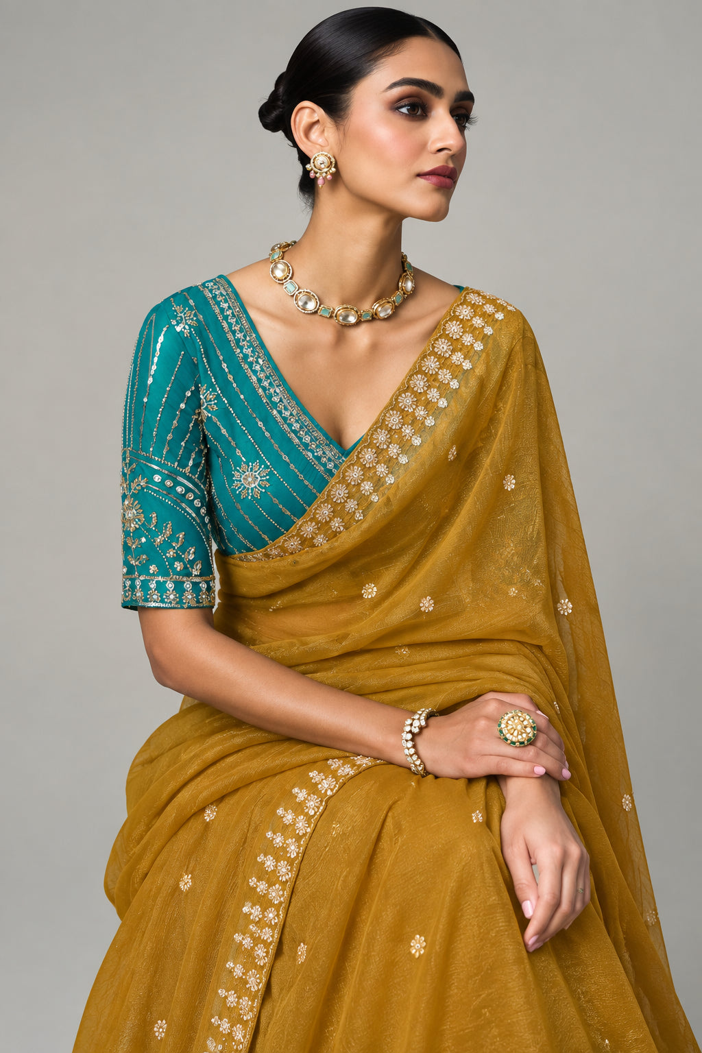 Embellished Sheer Silk Saree with Heavy Contrast Work Blouse