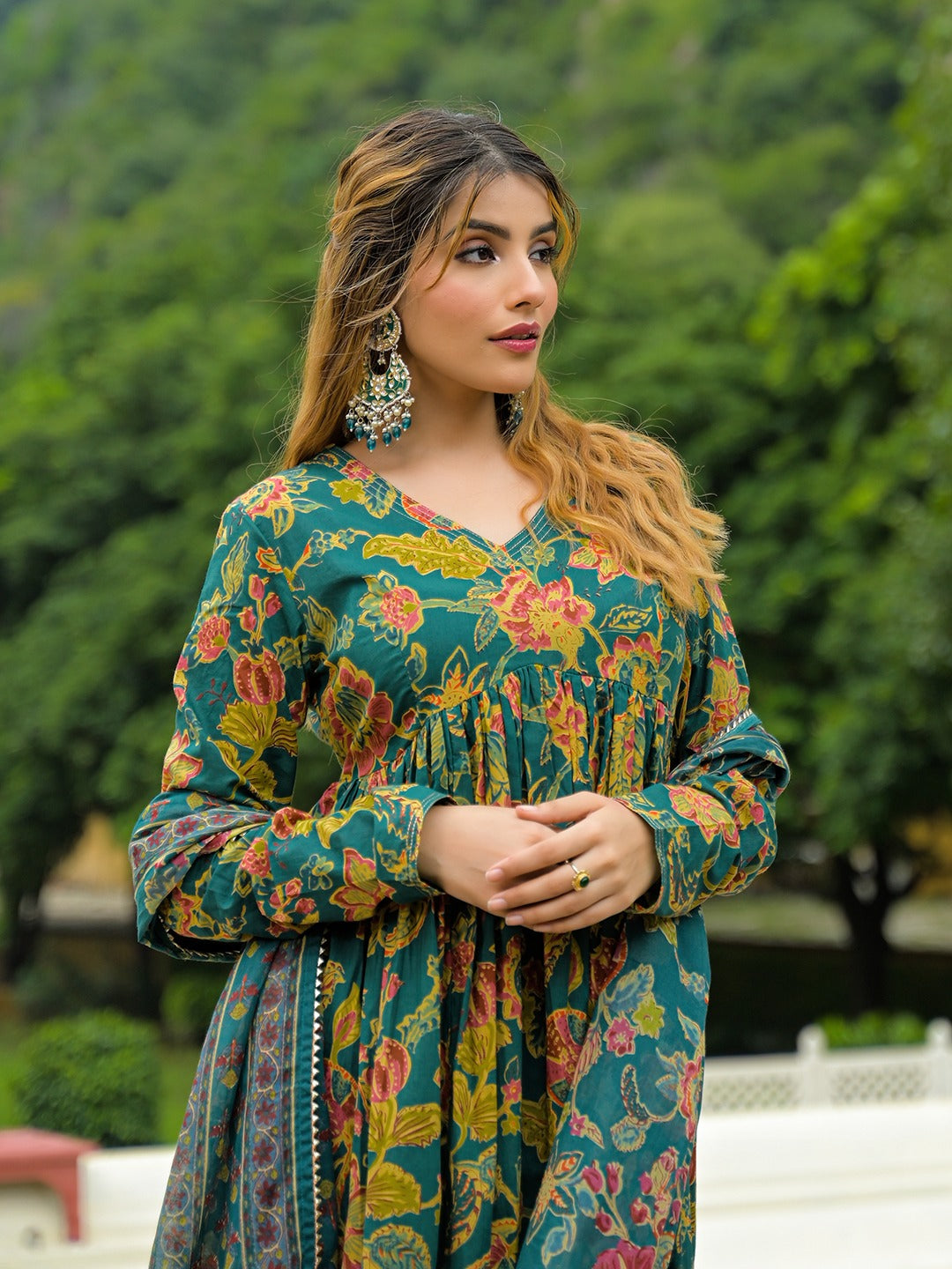 Dark Green V-Neck Pure Cotton Anarkali Kurta Set
