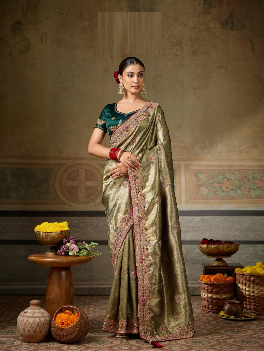 Designer Banarasi Silk Jacquard Saree with Zarkan & Pearl Handwork with Contrast Blouse