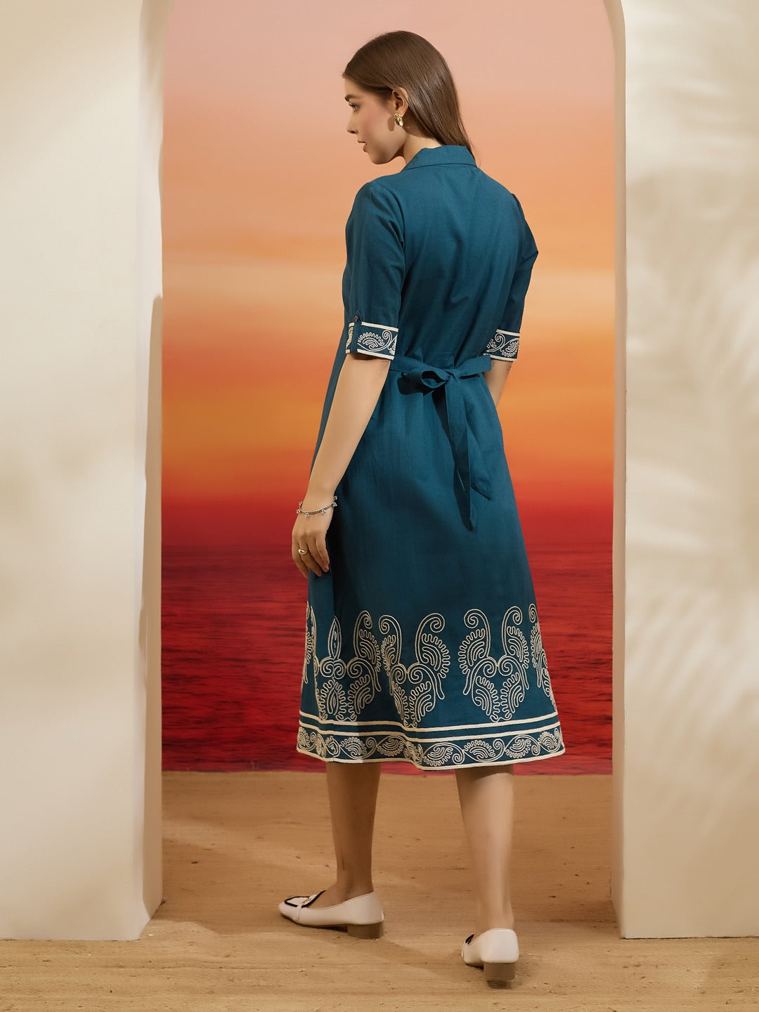 Teal Blue Embroidered Cotton Flex Dress with Collared Neck & Front Buttons