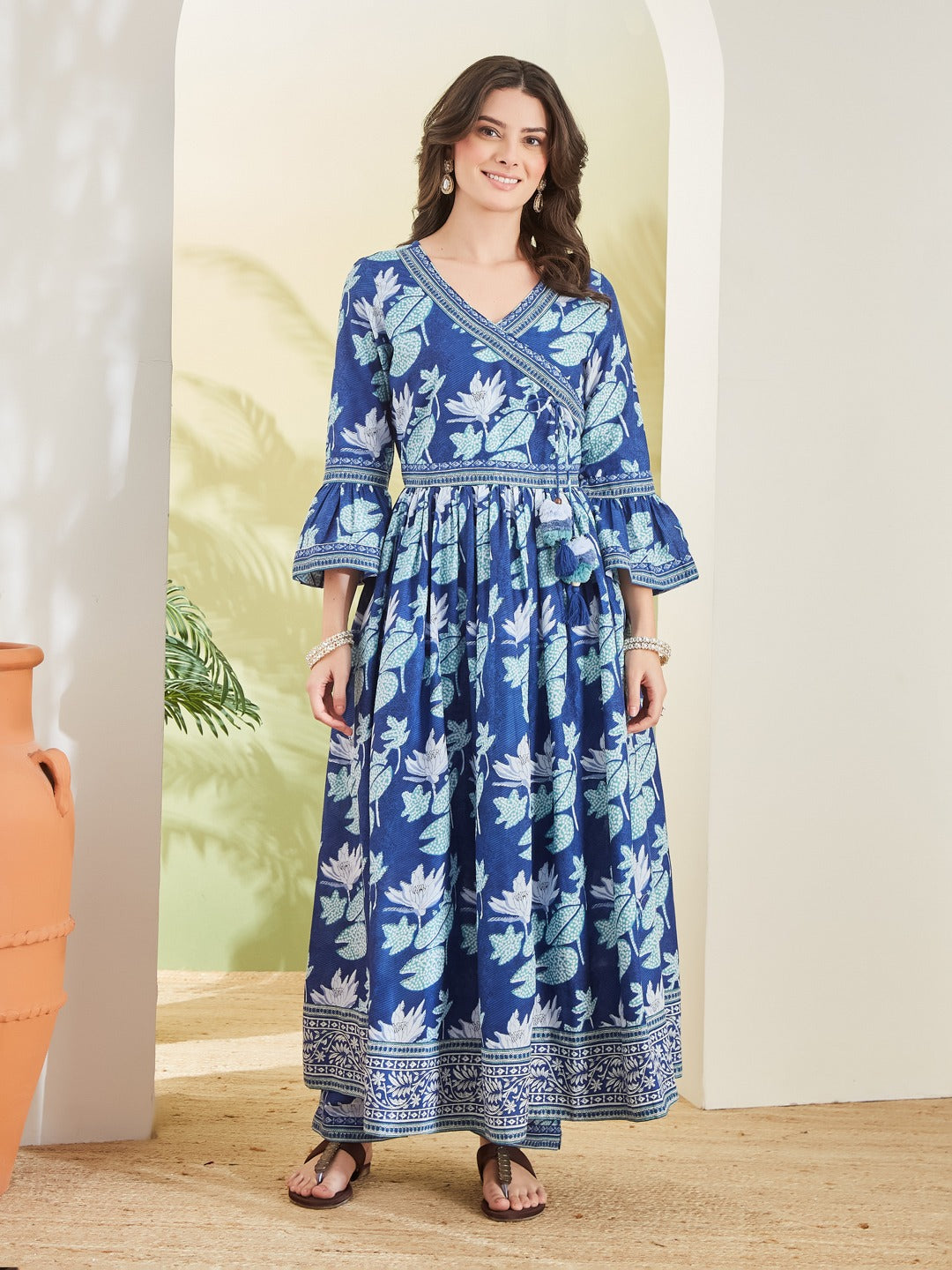 Women Floral Printed Blue Angrakha Style Anarkali Kurta with Trousers & Dupatta