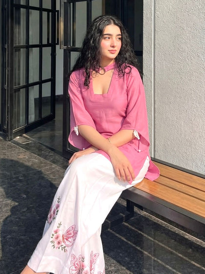 Elegant Dusty Rose Pure Roman Silk Short Kurti Set with Embroidered Palazzo