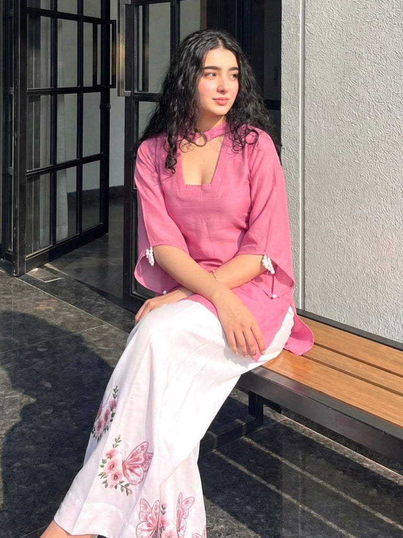 Elegant Dusty Rose Pure Roman Silk Short Kurti Set with Embroidered Palazzo