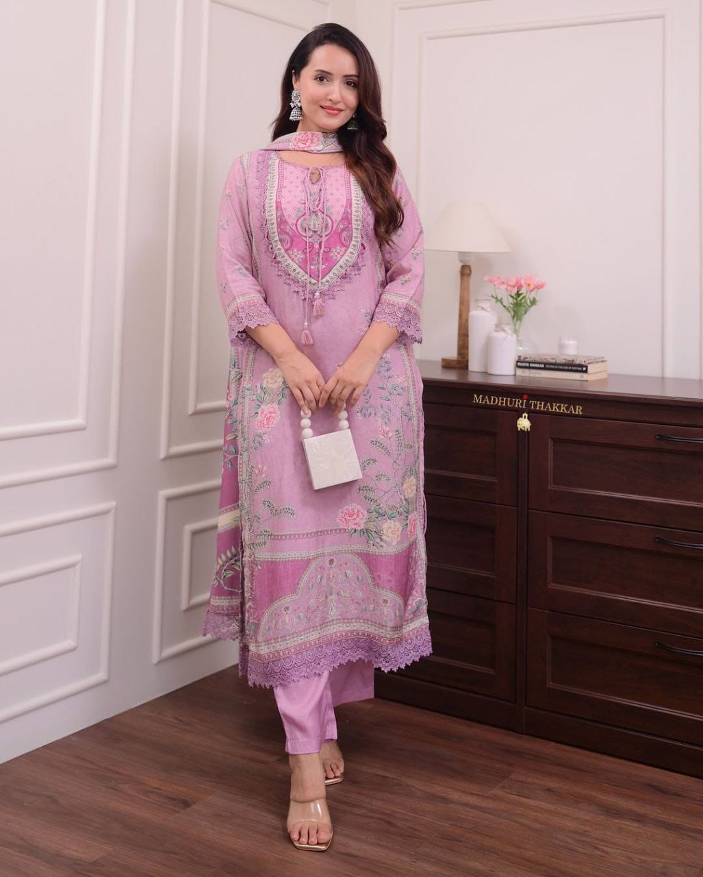 Lilac Pure Muslin Printed Suit Set with Hand Embroidery & Pearl Mala