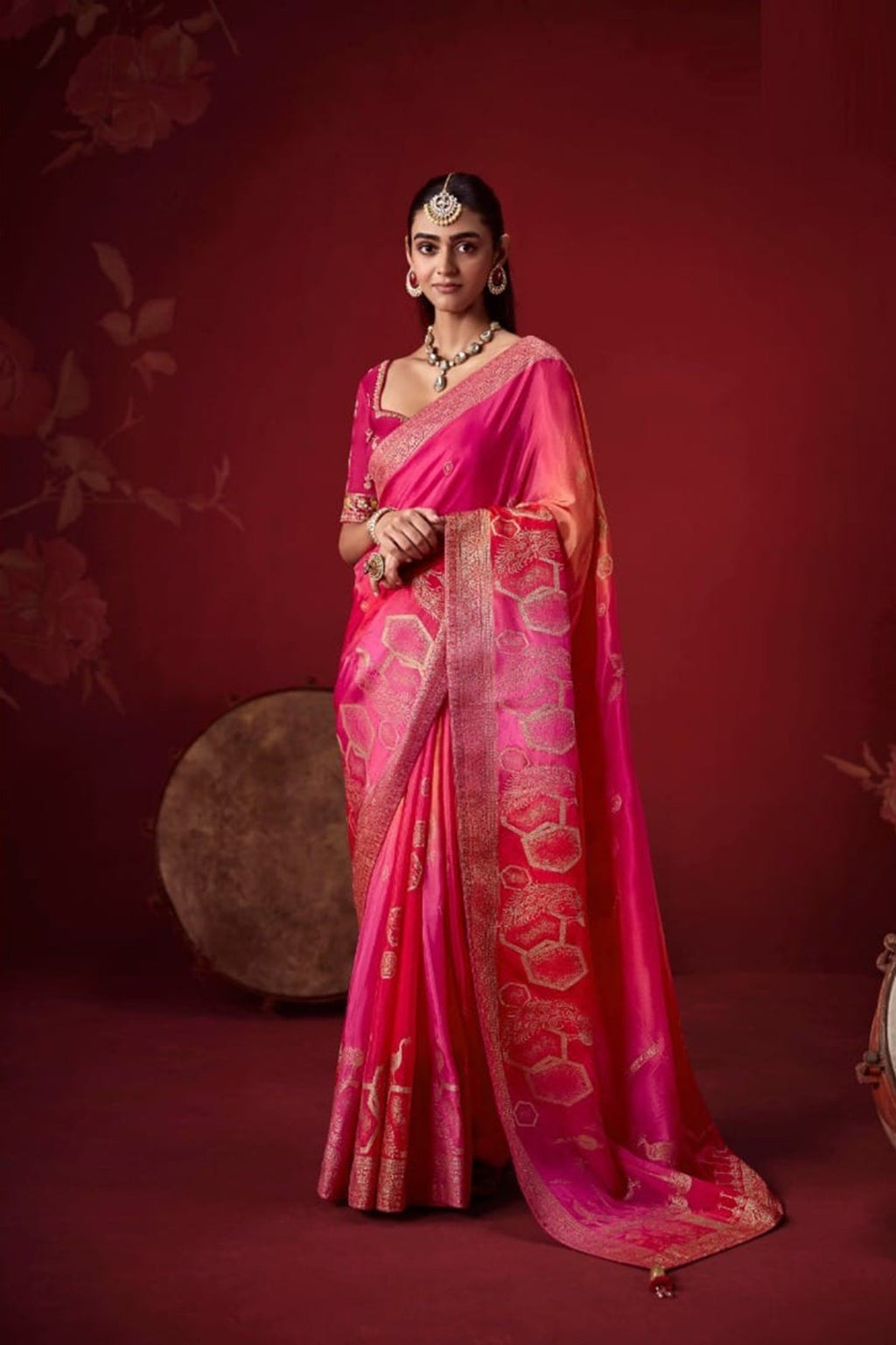 Ombré Dola Crape Silk Saree with Handcrafted Kundan Blouse