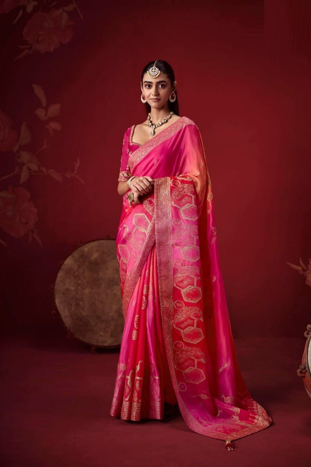 Ombré Dola Crape Silk Saree with Handcrafted Kundan Blouse